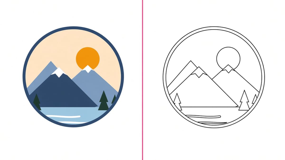 A transparent PNG mountain badge on the left and the same design as PNG to DXF closed vector outlines on the right