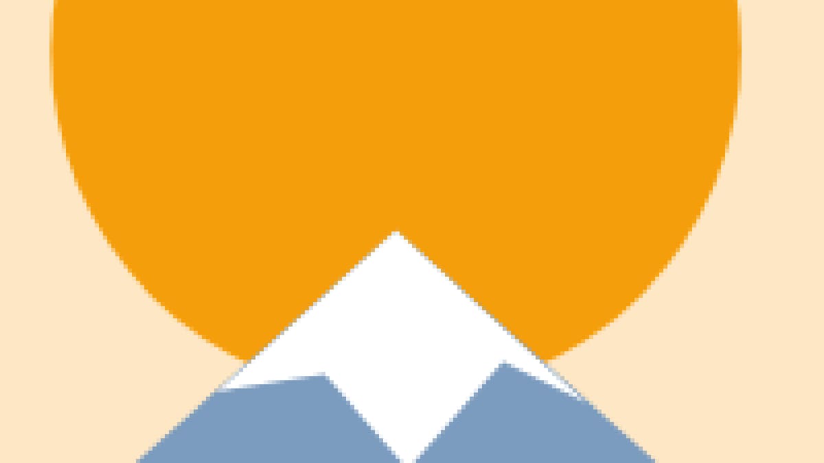 The PNG badge zoomed in eight times before tracing, showing square pixels along the sun and snow cap