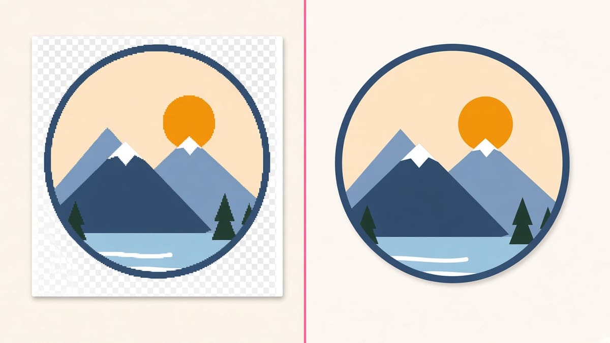 A transparent PNG mountain badge on the left and the same design rendered from the PNG to SVG vector file on the right