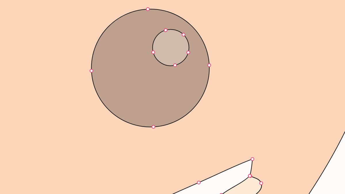 The same area as SVG vector paths with outlines and pink anchor points on the eye and cheek