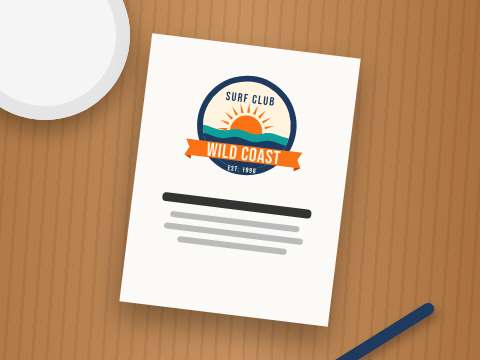 Surf Club logo photographed on a page, with a cup and pen in the frame